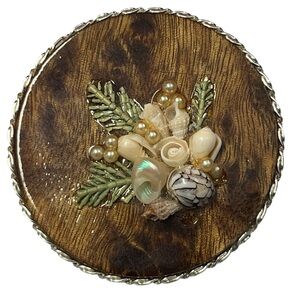 Vintage Floral Brooch‎ On Wood with Shells and Faux Pearls 2"